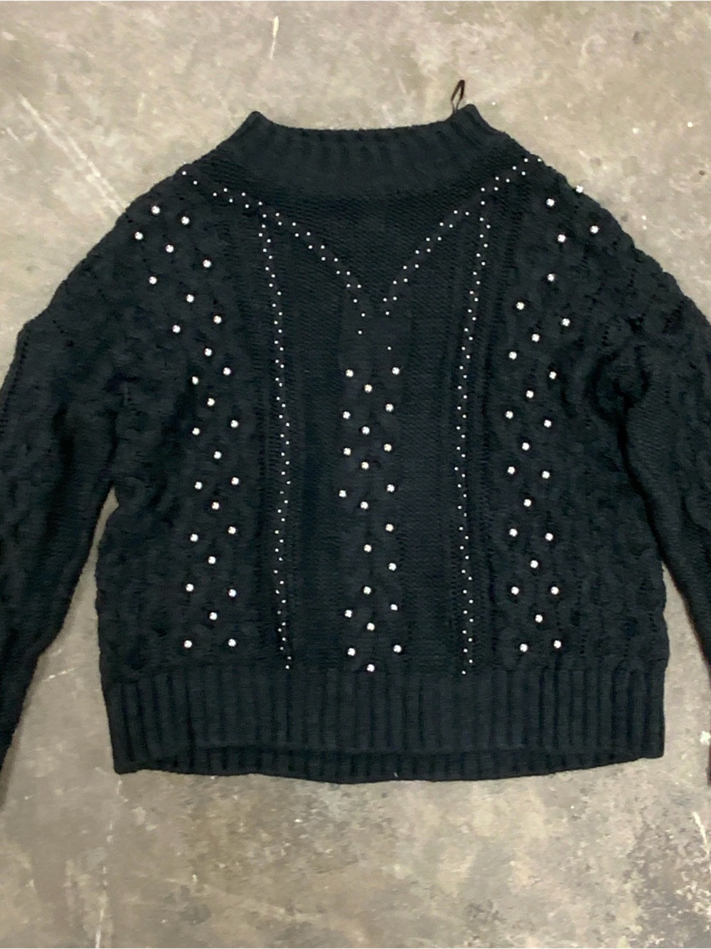 H&M Black Beaded Pearl Silver Cable-Knit Women's Sweater Oversized Chunky Black